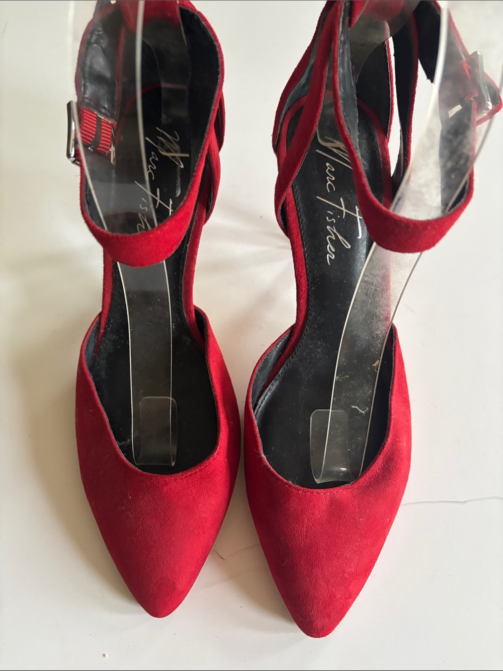 Marc Fisher Red Suede Pointed Toe Ankle Strap Heels